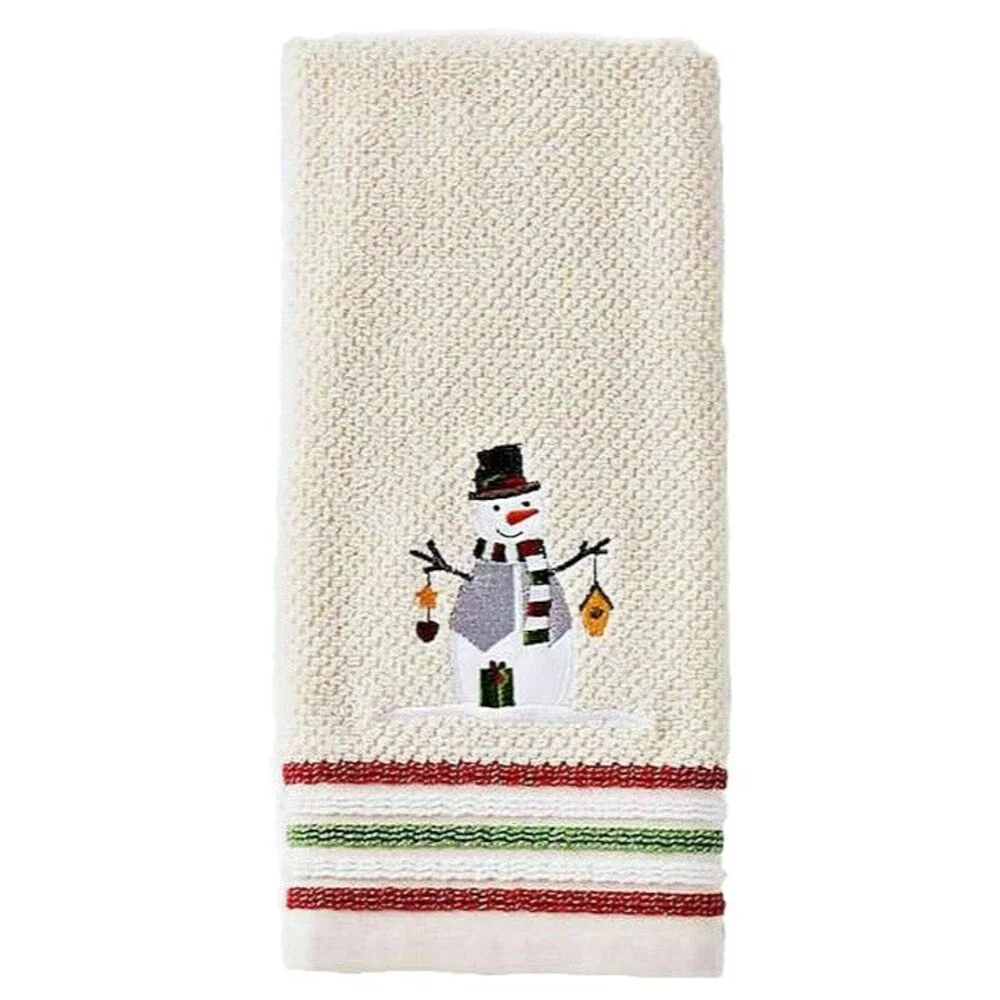 Christmas Snowman Hand Towels Winter Beige Tan Embroidered Holiday Set of 2